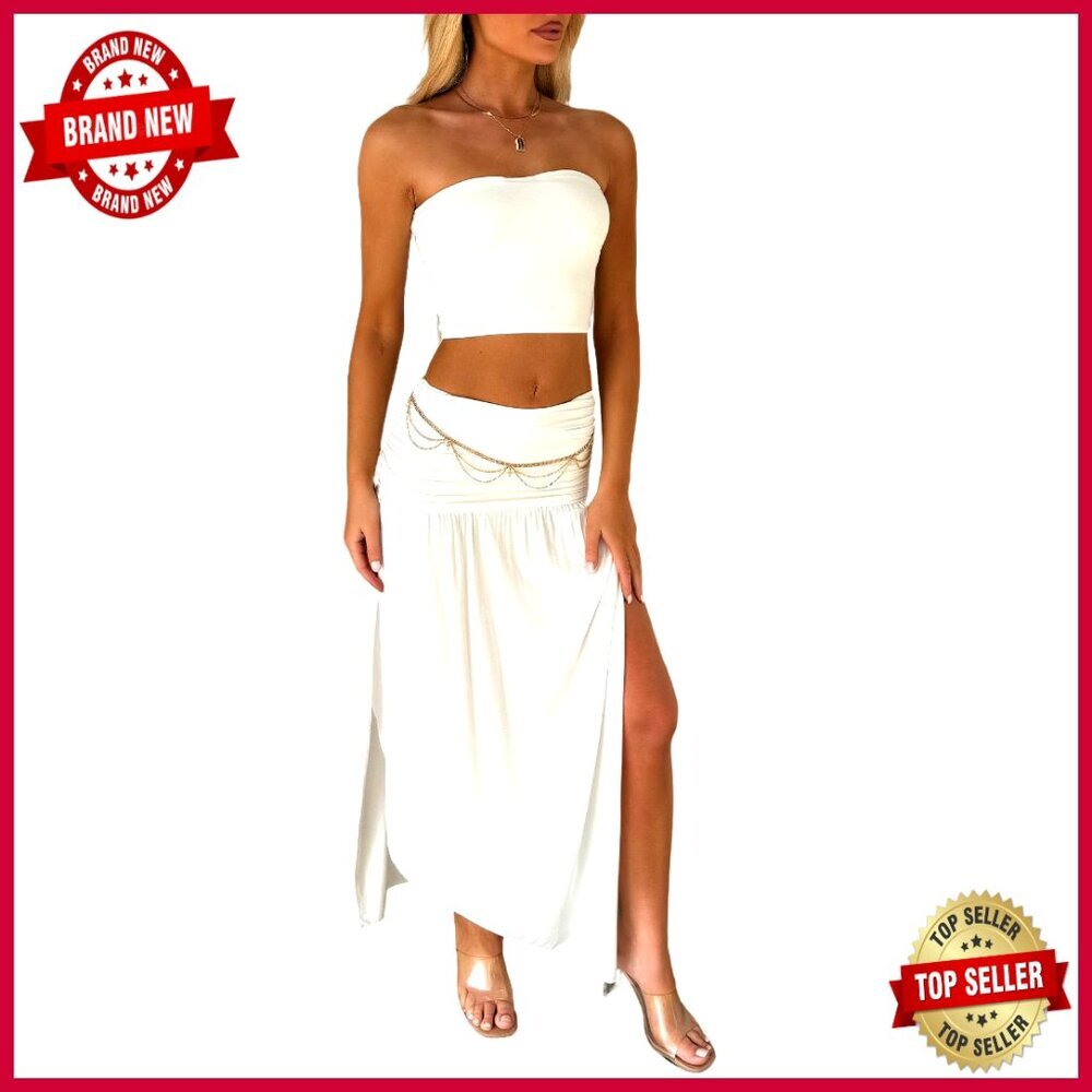 Large Strapless Tube Top Maxi Skirt Set Summer Outfit Polyester Spandex